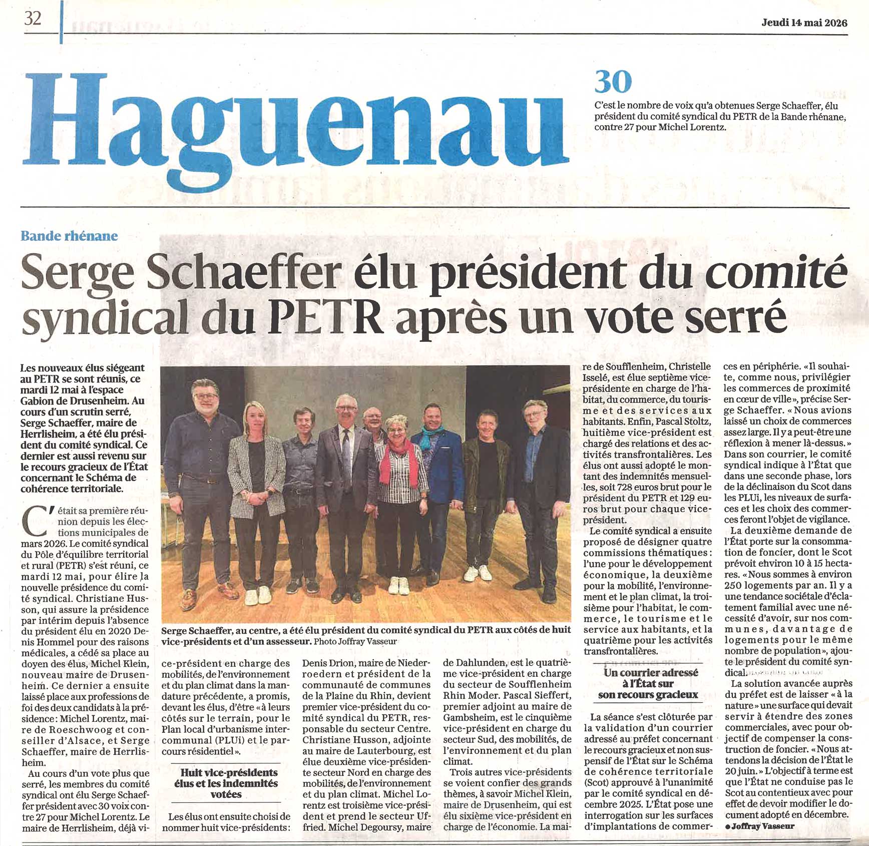 DNA 14/05/2026 Serge Schaeffer élu président du comité syndical du PETR après un vote serré